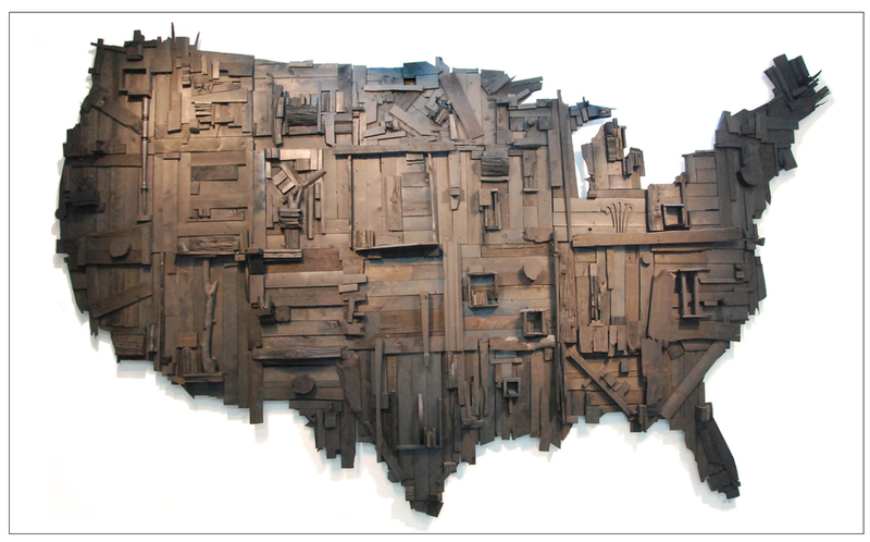 My Big Black America, 2015, by Wesley Clark; stain, spray paint, latex, salvaged wood, 16 feet by 10 feet by 14 inches
Courtesy of Wesley Clark/Prizm Art Fair